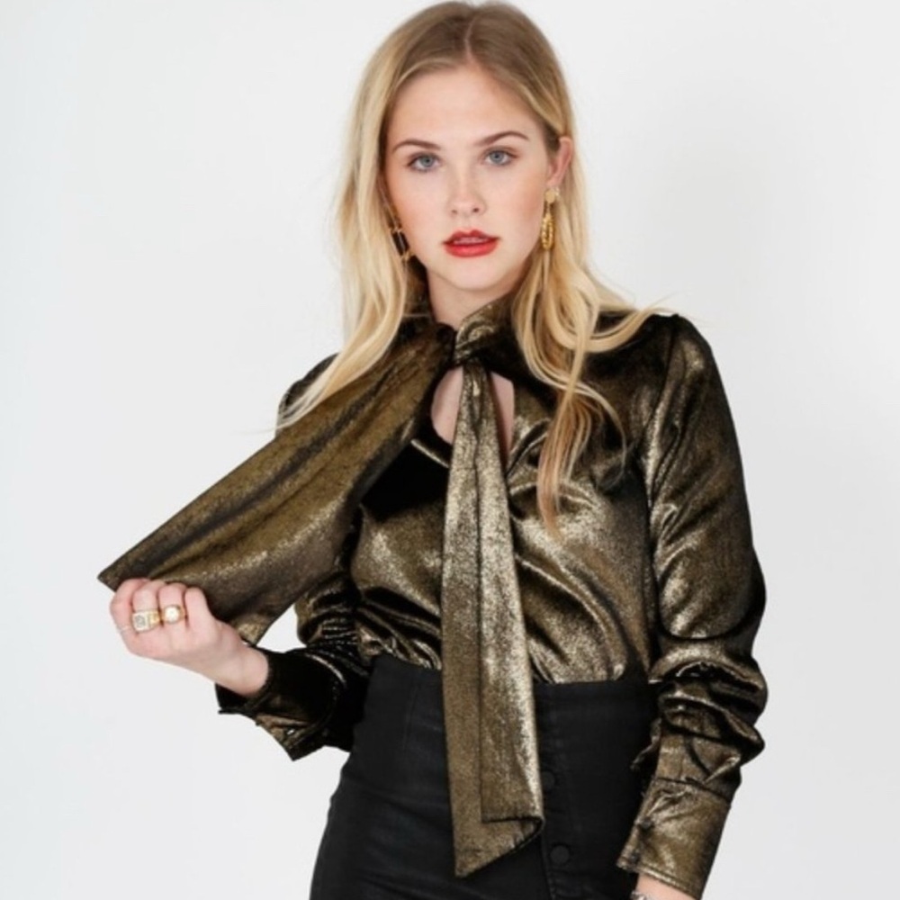 NWT FRAME Metallic Gold Lamé Tie Neck Blouse Cocktail Holiday Velvet Womens XL